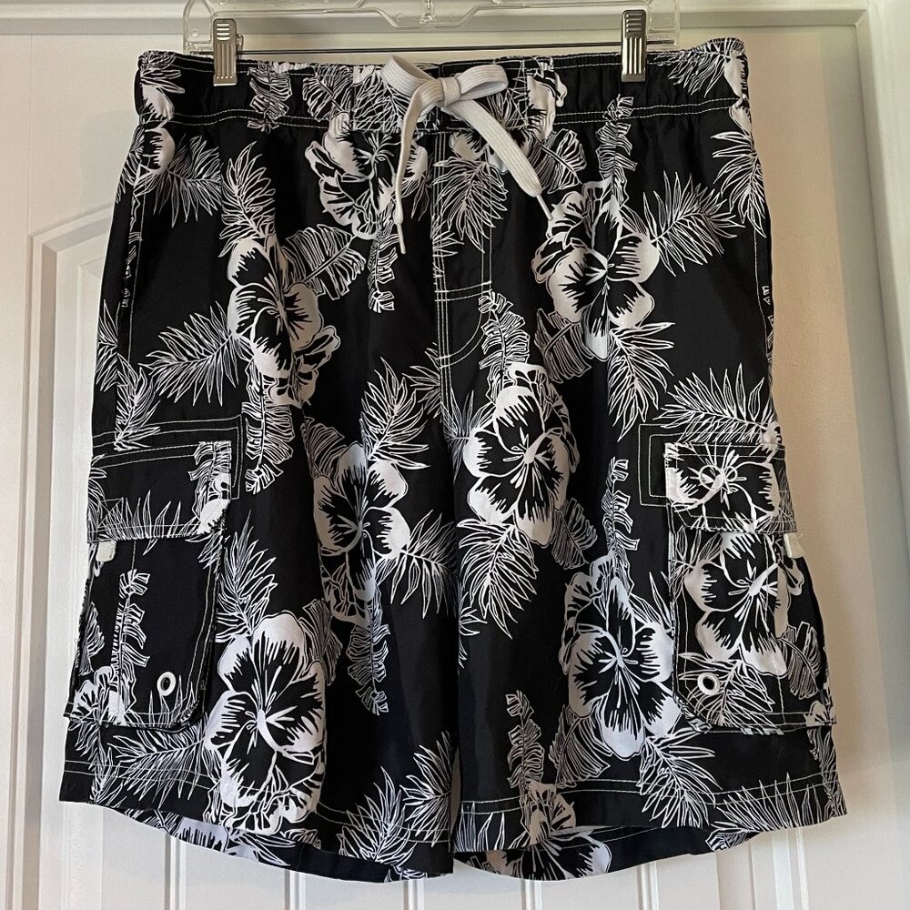 Ocean Pacific OP Mens Black and White Hawaiian Floral Print Swim Trunks